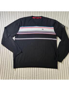 Travis Mathew Men’s Large Crewneck Pullover Sweater Black Gray Striped Golf